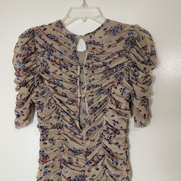 Free People Briella Midi tan floral dotted cinch side slit Dress XS -read - Picture 8 of 9